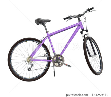 Purple bicycle standing while leaning on kickstand, side view. Bike resting on kick stand. Png clipart isolated on transparent background Purple bicycle standing while leaning on kickstand, side view. Bike resting on kick stand. Png clipart isolated on transparent background 123259319