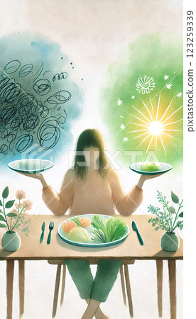 A faceless woman sits at a table, balancing two plates one dark and chaotic, the other bright and harmonious. Generated AI. 123259339