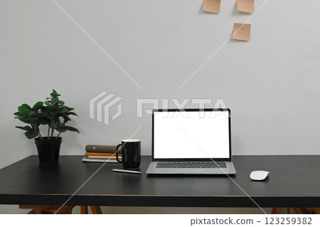 Modern workstation with blank laptop screen, notebooks, and a green plant 123259382