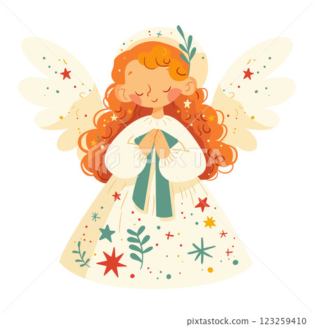 Cute little angel girl with wings, in a white cap. 123259410