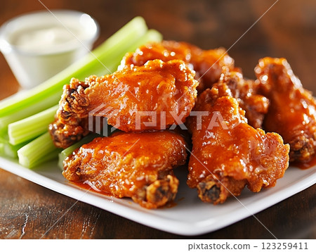 配上芹菜條和沾醬的水牛城辣雞翅 | 123259411