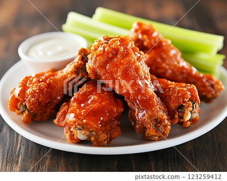 配上芹菜條和沾醬的水牛城辣雞翅 | 配上芹菜條和沾醬的水牛城辣雞翅 | 123259412