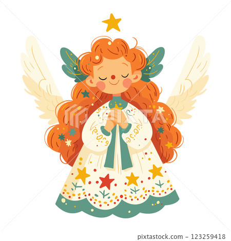 Cute angel girl with wings, dress decorated with stars. 123259418