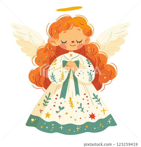 A cute little angel girl is holding a bow with wings and a halo above her head. 123259419