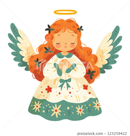 Cute little angel girl with wings and a halo over her head. 123259422