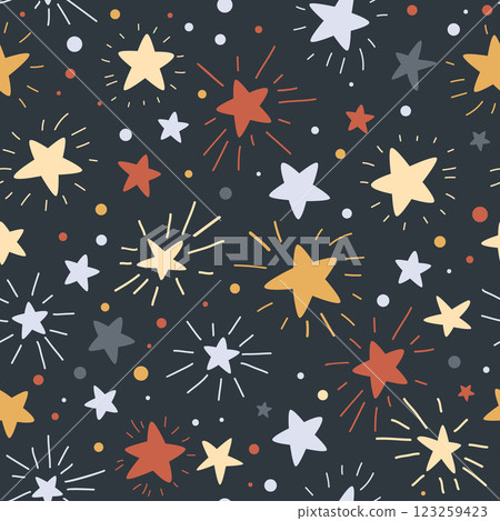 Starry night seamless pattern. Cute hand drawn stars baby background. Doodle vector illustration Starry night seamless pattern. Cute hand drawn stars baby background. Doodle vector illustration 123259423