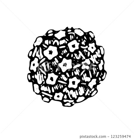 Vector illustration of the Human Papillomavirus (HPV) in black and white. Hand drawn viral cell, perfect for medical, microbiology, and healthcare designs related to infection and immunity 123259474