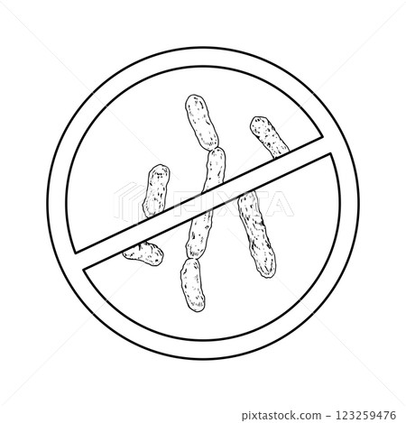 Vector illustration of an antimicrobial sign in black and white. Hand drawn isolated objects in line art technique. Promoting hygiene, disinfection, sterilization, and infection prevention 123259476