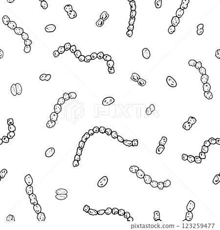 Seamless vector pattern of hand drawn streptococci and diplococci in black and white. Ideal for medical, biology and microbiology designs illustrating infection, immunity and disease control concepts 123259477