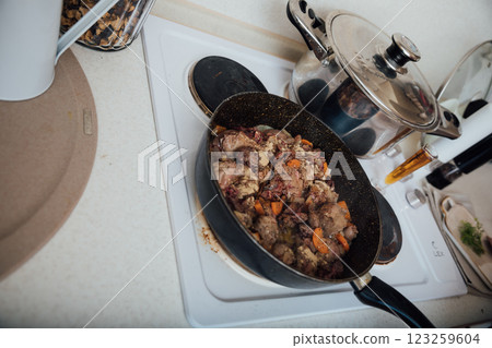frying pan with meat cooking food on stove 123259604