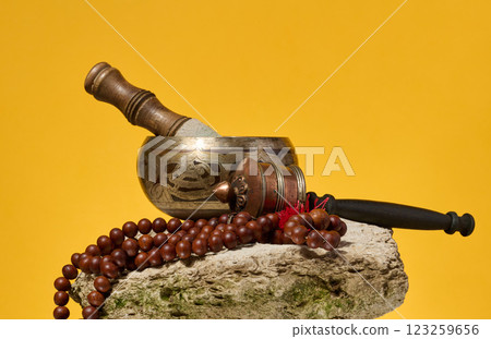 Copper singing bowl, wooden stick and prayer beads on stone, yellow background 123259656
