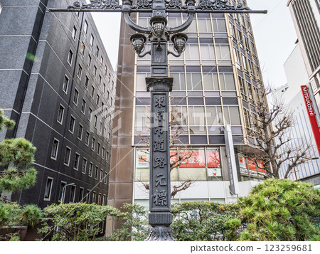 The "Tokyo City Road Origin Marker" is installed on the sidewalk next to Nihonbashi Bridge. The "Tokyo City Road Origin Marker" is installed on the sidewalk next to Nihonbashi Bridge. 123259681