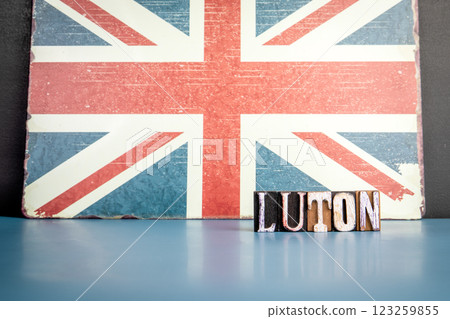 LUTON. Urban Area in Great Britain. Flag and alphabet letters on wooden texture background 123259855