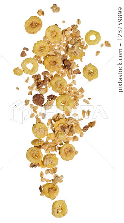 Crunchy breakfast cereal and oat granola mix, featuring puffed corn rings, toasted oats, and nuts. A nutritious and delicious option for a healthy meal. Crunchy breakfast cereal and oat granola mix, featuring puffed corn rings, toasted oats, and nuts. A nutritious and delicious option for a healthy meal. 123259899