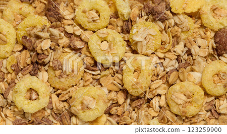 Crunchy breakfast cereal and oat granola mix, featuring puffed corn rings, toasted oats, and nuts. A nutritious and delicious option for a healthy meal. Crunchy breakfast cereal and oat granola mix, featuring puffed corn rings, toasted oats, and nuts. A nutritious and delicious option for a healthy meal. 123259900