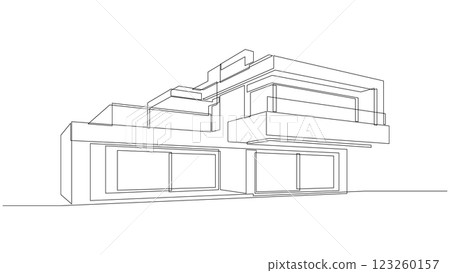 Modern flat roof house or commercial building continuous line drawing. Minimalist black one line sketch. Vector illustration. Modern flat roof house or commercial building continuous line drawing. Minimalist black one line sketch. Vector illustration. 123260157