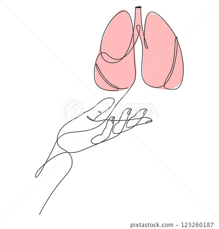 Continuous line hand holding lung. Organ donation concept drawn by single line. World no tobacco day. World tuberculosis day. Vector illustration. Continuous line hand holding lung. Organ donation concept drawn by single line. World no tobacco day. World tuberculosis day. Vector illustration. 123260187