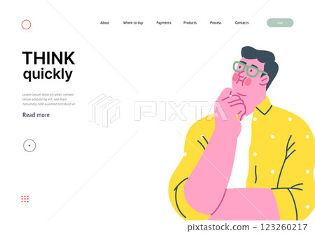 Thinking people, modern flat vector concept illustration- man standing thoughtfully, looking upwards. Metaphor for reflection, analysis, introspection, contemplation, deep thought 123260217