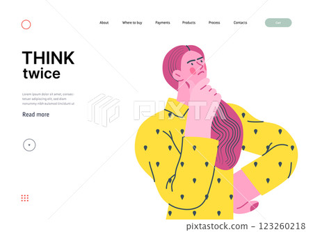 Thinking people, modern flat vector concept illustration- woman standing thoughtfully, looking upwards. Metaphor for reflection, analysis, introspection, contemplation, deep thought 123260218