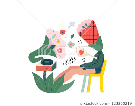 Life Unframed: Flower music -modern flat vector concept illustration of person listening to gramophone. Metaphor of unpredictability, imagination, whimsy, cycle of existence, play, growth, discovery 123260219