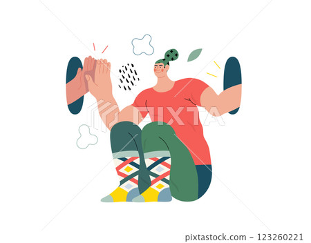 Life Unframed: Self-clapping -modern flat vector concept illustration of a man giving 5 to himself. Metaphor of unpredictability, imagination, whimsy, cycle of existence, play, growth and discovery Life Unframed: Self-clapping -modern flat vector concept illustration of a man giving 5 to himself. Metaphor of unpredictability, imagination, whimsy, cycle of existence, play, growth and discovery 123260221
