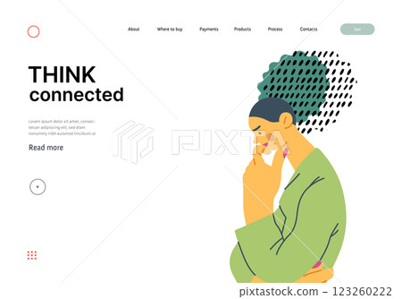 Thinking people, modern flat vector concept illustration- woman standing thoughtfully, looking down. Metaphor for reflection, analysis, introspection, contemplation, deep thought Thinking people, modern flat vector concept illustration- woman standing thoughtfully, looking down. Metaphor for reflection, analysis, introspection, contemplation, deep thought 123260222