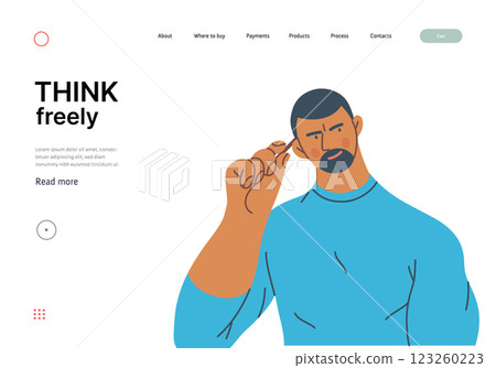 Thinking people, modern flat vector concept illustration- man standing thoughtfully, looking sideways. Metaphor for reflection, analysis, introspection, contemplation, deep thought Thinking people, modern flat vector concept illustration- man standing thoughtfully, looking sideways. Metaphor for reflection, analysis, introspection, contemplation, deep thought 123260223