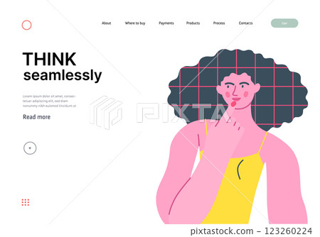 Thinking people, modern flat vector concept illustration- woman standing thoughtfully, looking sideways. Metaphor for reflection, analysis, introspection, contemplation, deep thought Thinking people, modern flat vector concept illustration- woman standing thoughtfully, looking sideways. Metaphor for reflection, analysis, introspection, contemplation, deep thought 123260224