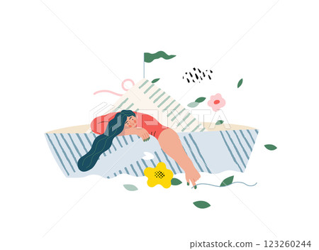 Life Unframed: Paper boat -modern flat vector concept illustration of girl floating in paper boat. A metaphor of unpredictability, imagination, whimsy, cycle of existence, play, growth and discovery Life Unframed: Paper boat -modern flat vector concept illustration of girl floating in paper boat. A metaphor of unpredictability, imagination, whimsy, cycle of existence, play, growth and discovery 123260244