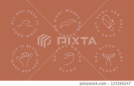 Round line badge about wave, surf board, gesture, hand, seagall, quote. Simple icons with text for surf camp, club merch, sticker template. 123260247