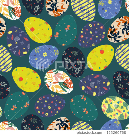Colorful Easter eggs seamless pattern. Easter holidays on beige background. Childish vector endless texture Colorful Easter eggs seamless pattern. Easter holidays on beige background. Childish vector endless texture 123260768
