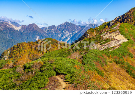 Mt. Harinoki with its yellow leaves as seen from Bikkuri-daira on the Kisaku Shindo trail Climbing Mt. Yari on the Northern Alps Omote Ginza traverse Mt. Harinoki with its yellow leaves as seen from Bikkuri-daira on the Kisaku Shindo trail Climbing Mt. Yari on the Northern Alps Omote Ginza traverse 123260939