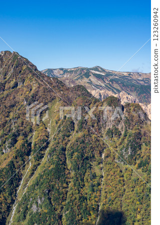 Mt. Sugoroku with its yellow leaves as seen from Bikkuri-daira on the Kisaku Shindo trail Climbing Mt. Yari on the Northern Alps Omote Ginza traverse Mt. Sugoroku with its yellow leaves as seen from Bikkuri-daira on the Kisaku Shindo trail Climbing Mt. Yari on the Northern Alps Omote Ginza traverse 123260942