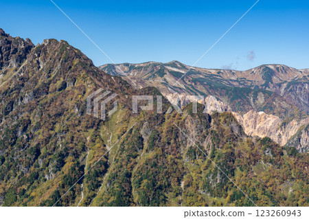 從木作新道的鳳九平望去的雙六岳的黃葉 在北阿爾卑斯山的表銀座橫斷面攀登槍山 123260943