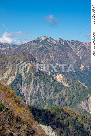View of the yellow leaves of Mt. Washiba and Mt. Warimo from Daitenjo Hut. Climbing Mt. Yari on the Northern Alps Omote Ginza traverse. View of the yellow leaves of Mt. Washiba and Mt. Warimo from Daitenjo Hut. Climbing Mt. Yari on the Northern Alps Omote Ginza traverse. 123260954