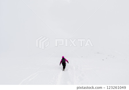 Lone hiker in snowy whiteout 123261049