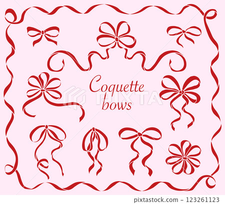 Cute Red Coquette Bow knots isolated on pink background. Hand-Drawn Girly bows letter writing stationery. Trendy feminine romantic icons for Wedding celebration, holiday, party decoration, gift 123261123