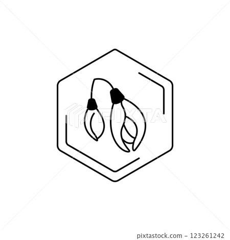 Minimalist floral line art in hexagonal frame. Acacia Vector black line pictogram. Floral themes, pollen, field honey in a minimalistic style. Minimalist floral line art in hexagonal frame. Acacia Vector black line pictogram. Floral themes, pollen, field honey in a minimalistic style. 123261242