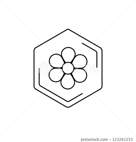 chamomile Vector black line pictogram. Minimalist flower emblem inside hexagon outline. Floral themes, pollen, field honey in a minimalistic style. chamomile Vector black line pictogram. Minimalist flower emblem inside hexagon outline. Floral themes, pollen, field honey in a minimalistic style. 123261253