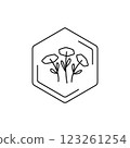 Chamomiles Vector black line pictogram. Minimalist flower emblem inside hexagon outline. Floral themes, pollen, field honey in a minimalistic style. 123261254