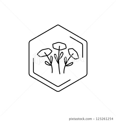 Chamomiles Vector black line pictogram. Minimalist flower emblem inside hexagon outline. Floral themes, pollen, field honey in a minimalistic style. Chamomiles Vector black line pictogram. Minimalist flower emblem inside hexagon outline. Floral themes, pollen, field honey in a minimalistic style. 123261254