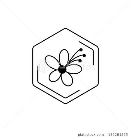 Minimalist floral emblem in hexagon frame. Lipa Vector black line pictogram. Floral themes, pollen, field honey in a minimalistic style. Minimalist floral emblem in hexagon frame. Lipa Vector black line pictogram. Floral themes, pollen, field honey in a minimalistic style. 123261255