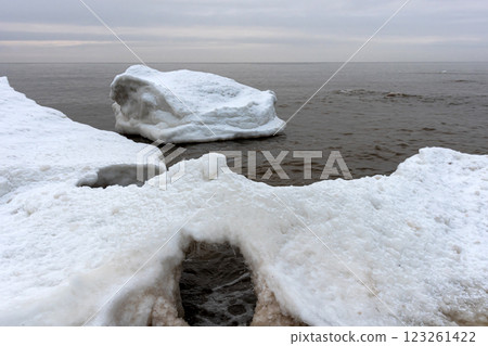 Rocks and ice on the shore of the Baltic Sea, Kaltene, Latvia 123261422