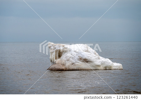 Close-up shot of the Frozen ice blocks in Baltic sea water on the shore, Kaltene, Latvia 123261440