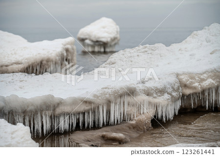 Close-up shot of the Frozen ice blocks in Baltic sea water on the shore, Kaltene, Latvia 123261441