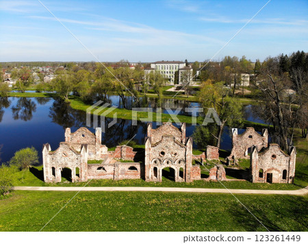 Horse stable in the park of the Preil manor complex in Preil, Latgale, Latvia 123261449