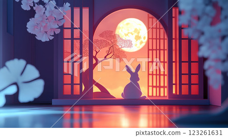 Mid-Autumn Festival full moon and jade rabbit paper-cut illustration 123261631