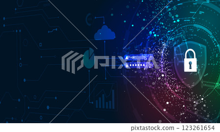 Lock symbol is protecting a data information flow. Cyber security background 123261654