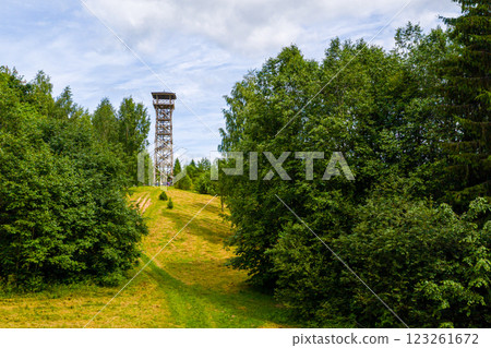Wooden observation tower in Paganamaa, Rouge Parish, Estonia, aerial view Wooden observation tower in Paganamaa, Rouge Parish, Estonia, aerial view 123261672