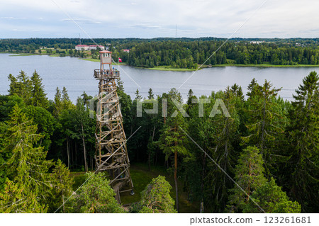A wooden observation tower above the forest in Temple Hill Park, Auksne, Latvia A wooden observation tower above the forest in Temple Hill Park, Auksne, Latvia 123261681